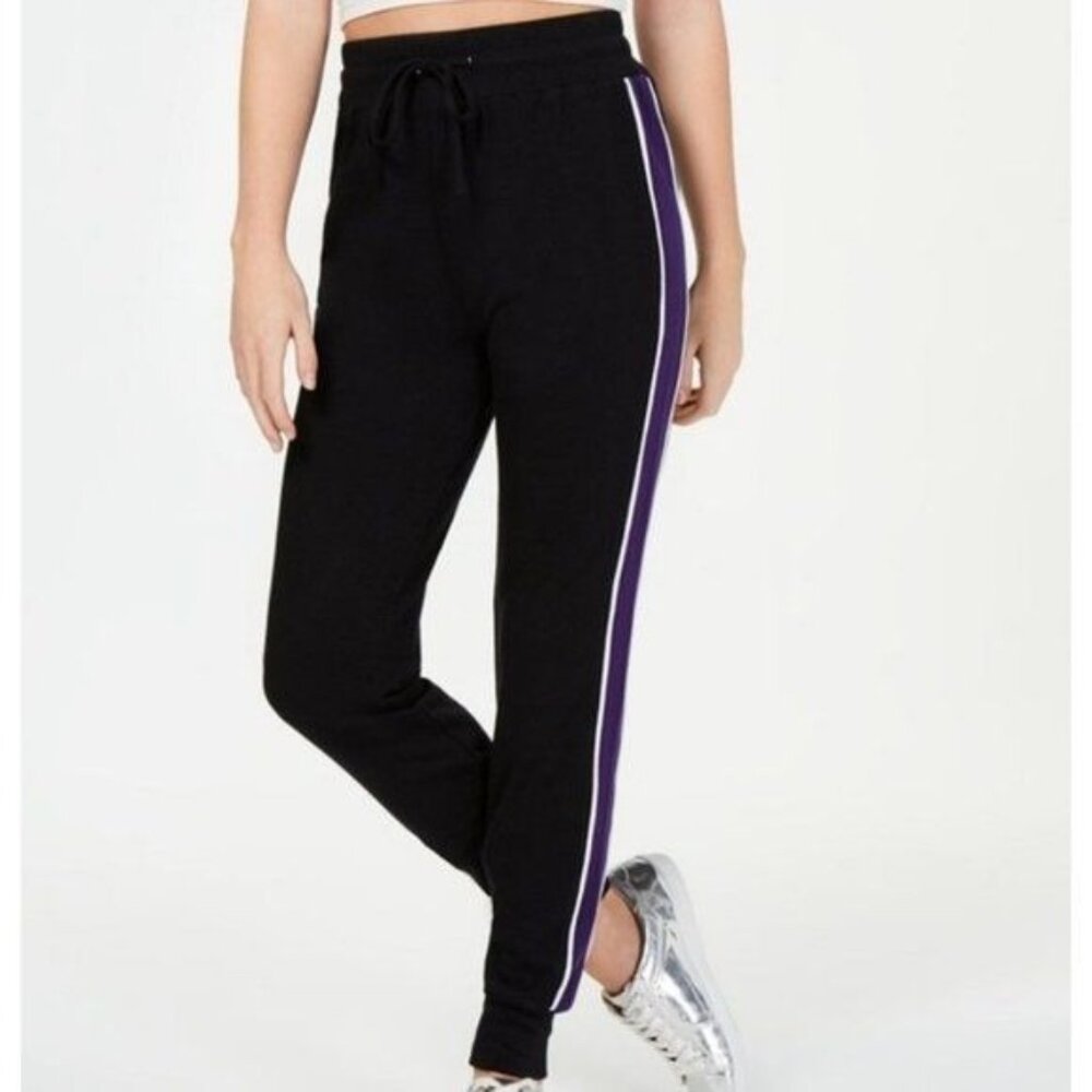 Material Girl Women Athleisure Sporty Jogger Pant S Black Purple Side Stripe NEW